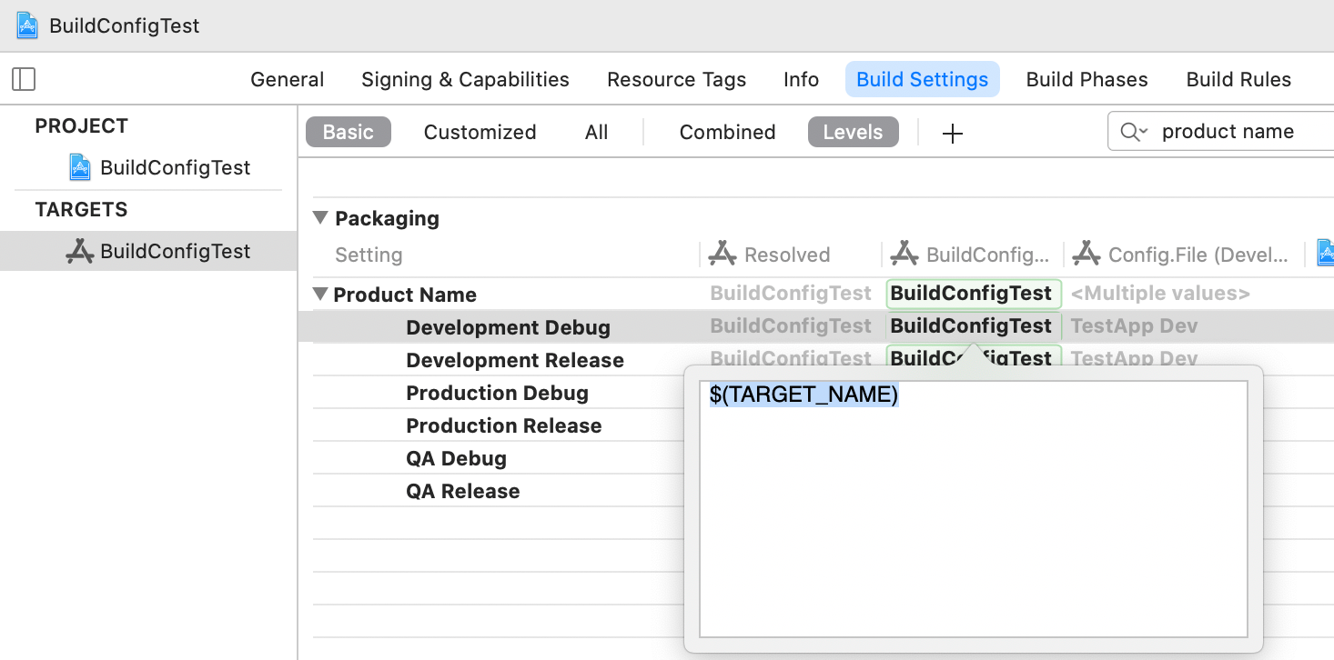 PRODUCT_NAME overridden by Target settings