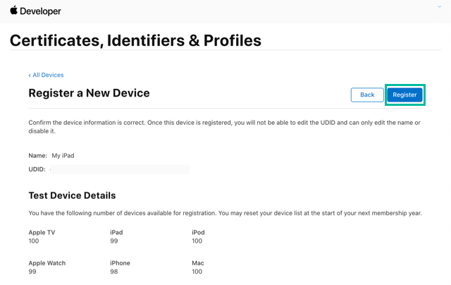 How to register devices in Apple Developer 9